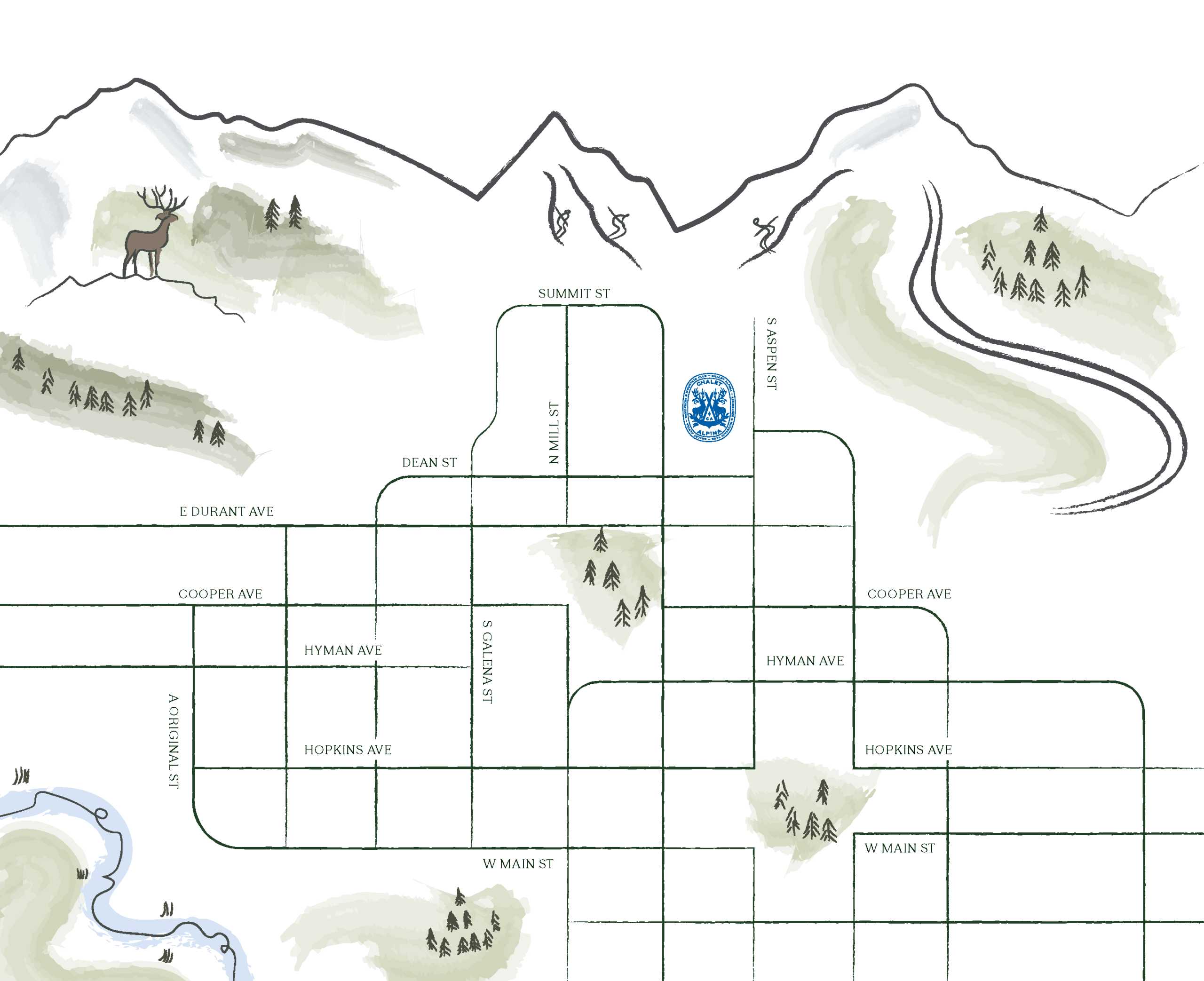 Stylized map of a town with streets, mountains, trees, a deer, and a circular emblem.