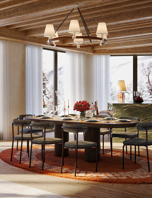 Elegant dining room with a large oval table set for a meal, surrounded by chairs, with large windows overlooking a snowy mountain landscape.