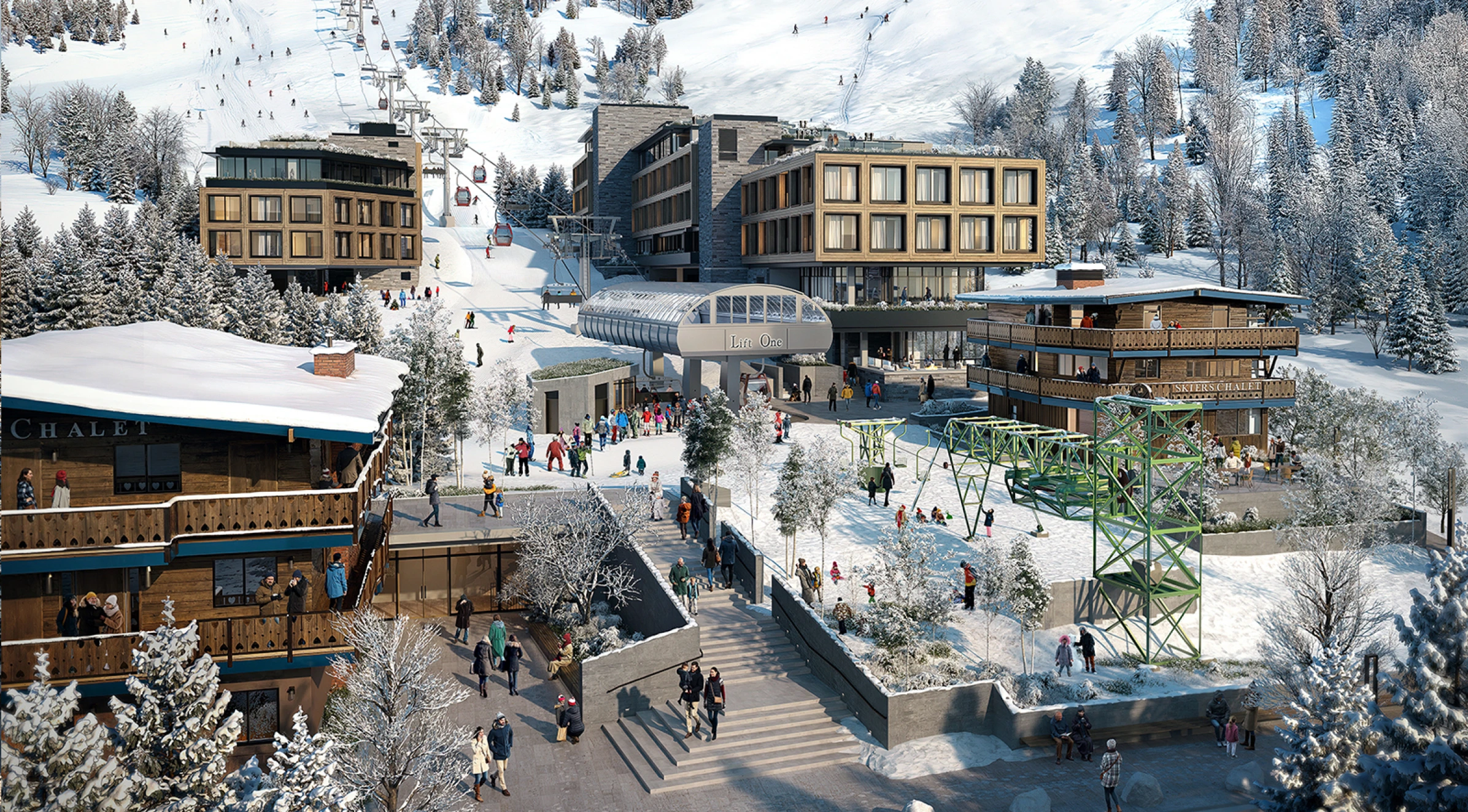 Ski resort village with modern hotel and ski lift in snowy landscape.