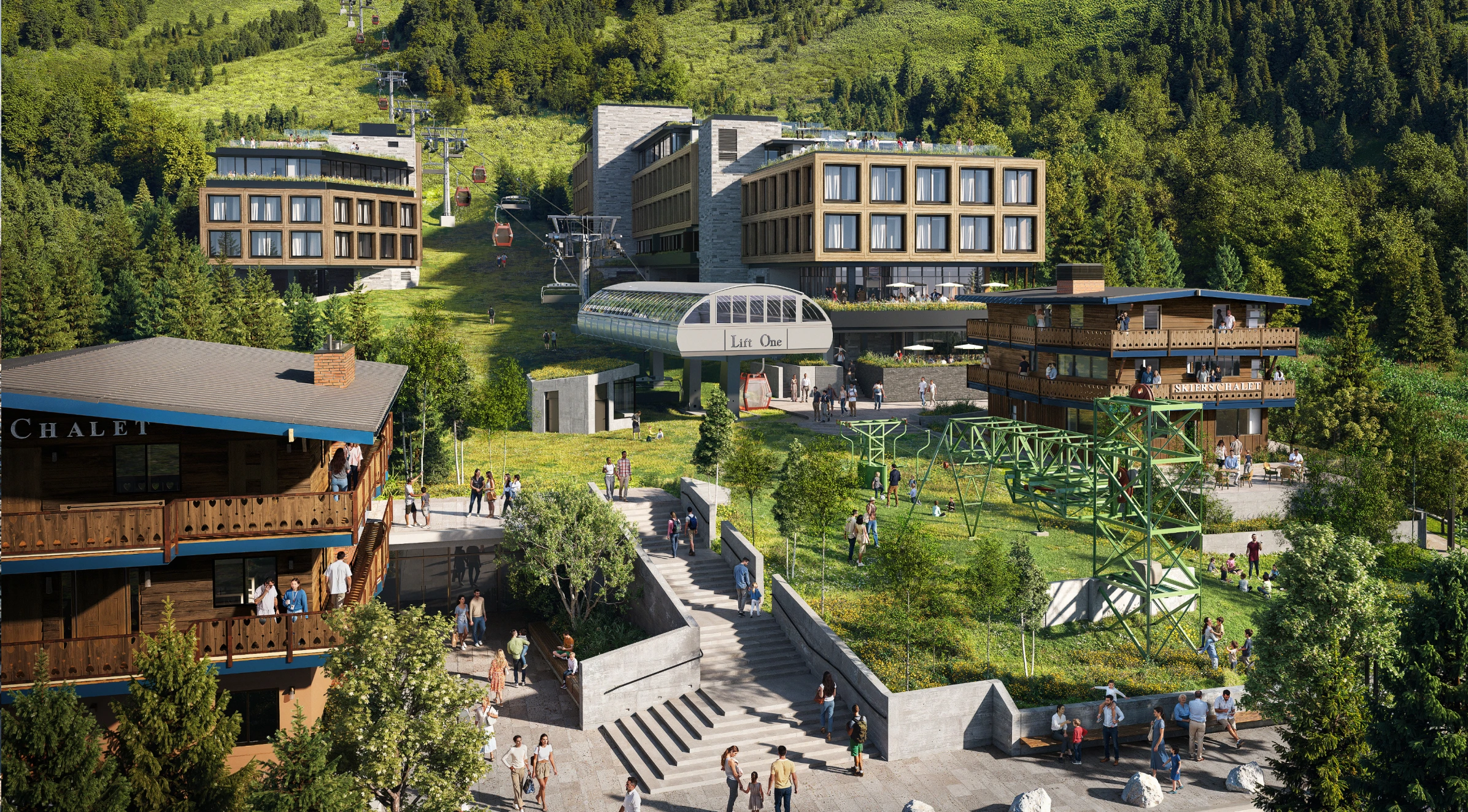 Modern hotel and ski lift station in a green mountainous resort with people.
