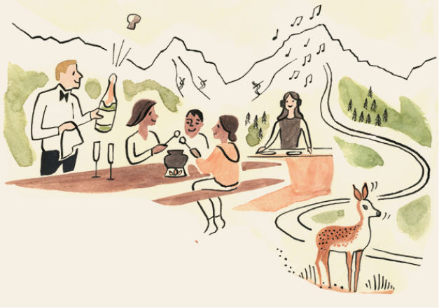 Illustration of a group of people enjoying fondue and champagne in a scenic mountain setting with a deer in the foreground.