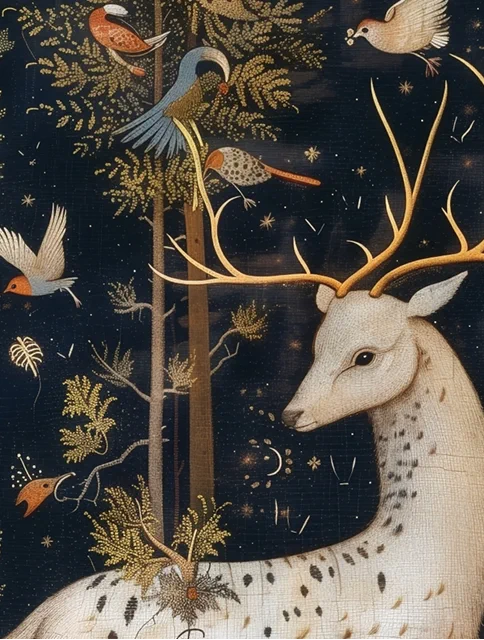 White deer with gold antlers in a dark forest with birds and stars
