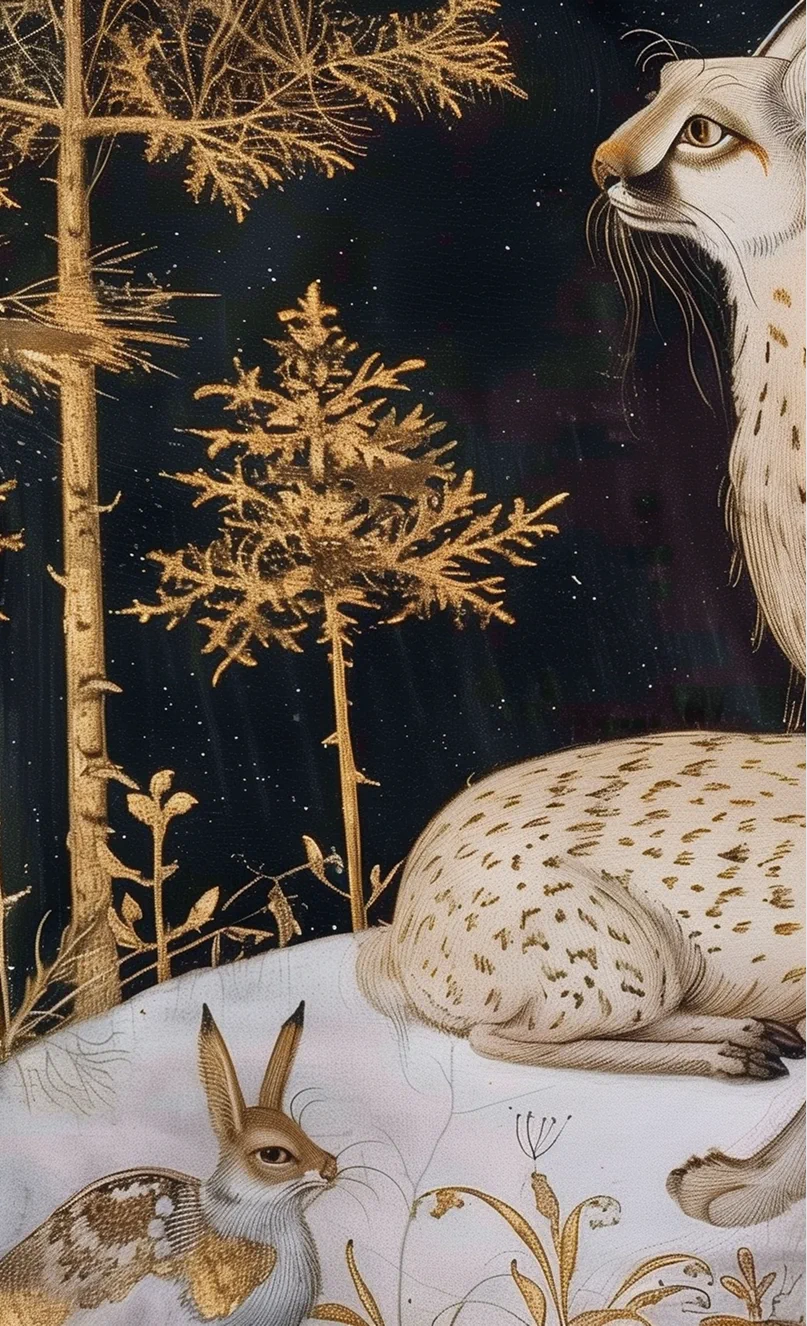 Golden forest scene with a spotted fawn resting on snow under a starry sky.