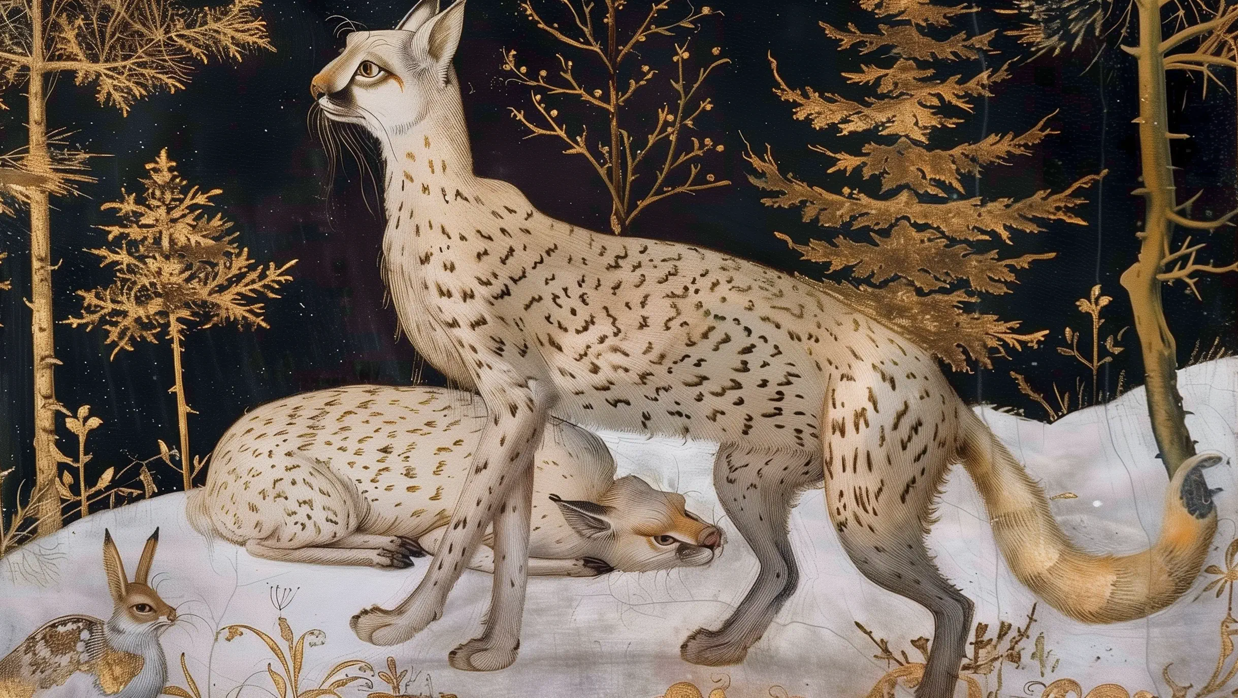 A painting of two spotted wild cats in a forest setting.