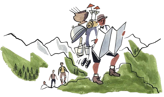 Illustration of a hiker with a map, two people walking in the background, and a mountainous landscape.