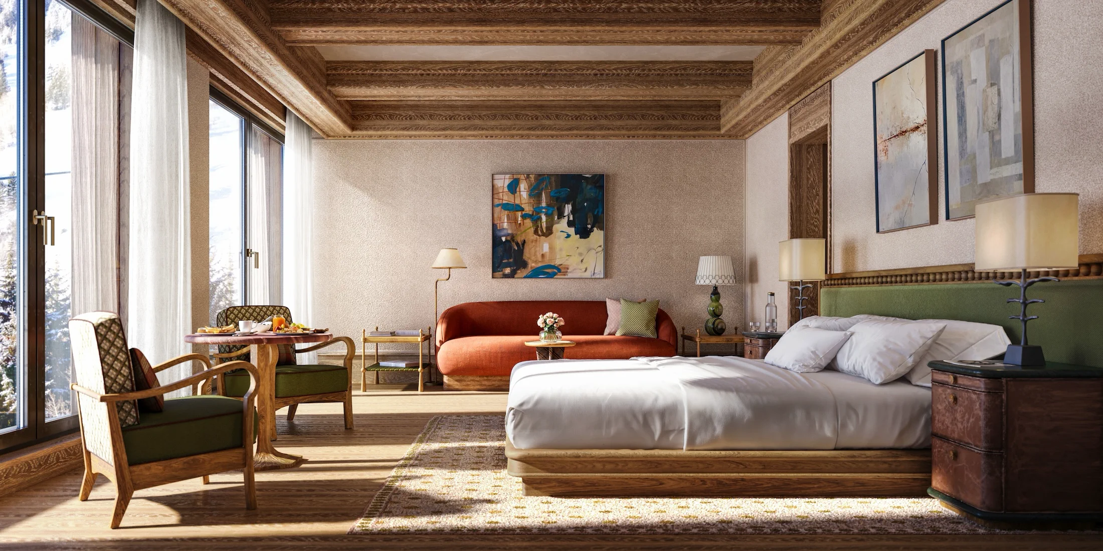 Luxurious hotel suite bedroom with a king-size bed, orange sofa, armchair, and abstract art.