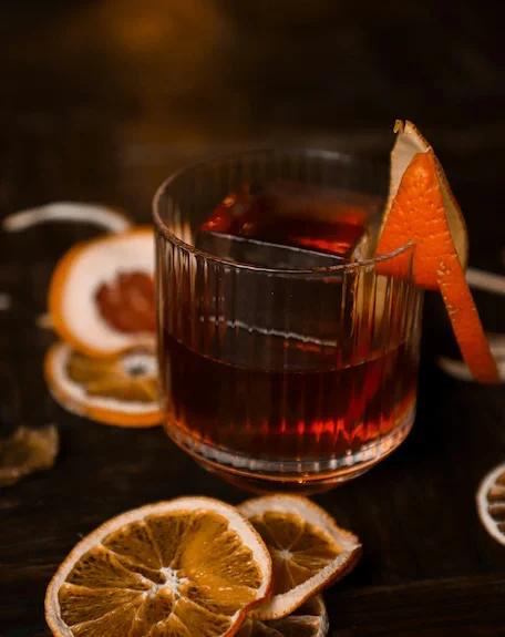 Cocktail with orange garnish and dried citrus slices.