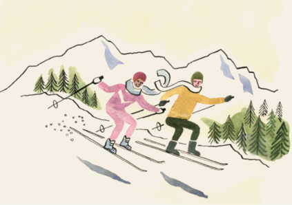 Two people in retro ski outfits skiing down a snowy mountain slope with pine trees and snowy peaks in the background.