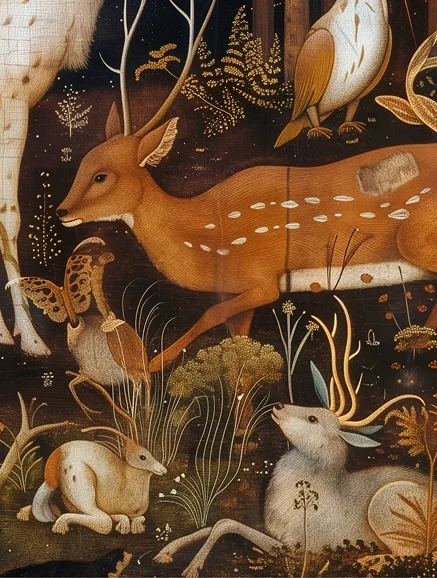 Detail of a medieval tapestry depicting deer and other animals in a dark forest setting.