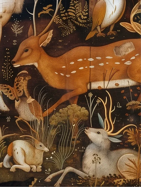 Close-up of a fantastical medieval tapestry depicting spotted deer, a white stag with antlers, butterflies, and various flora.