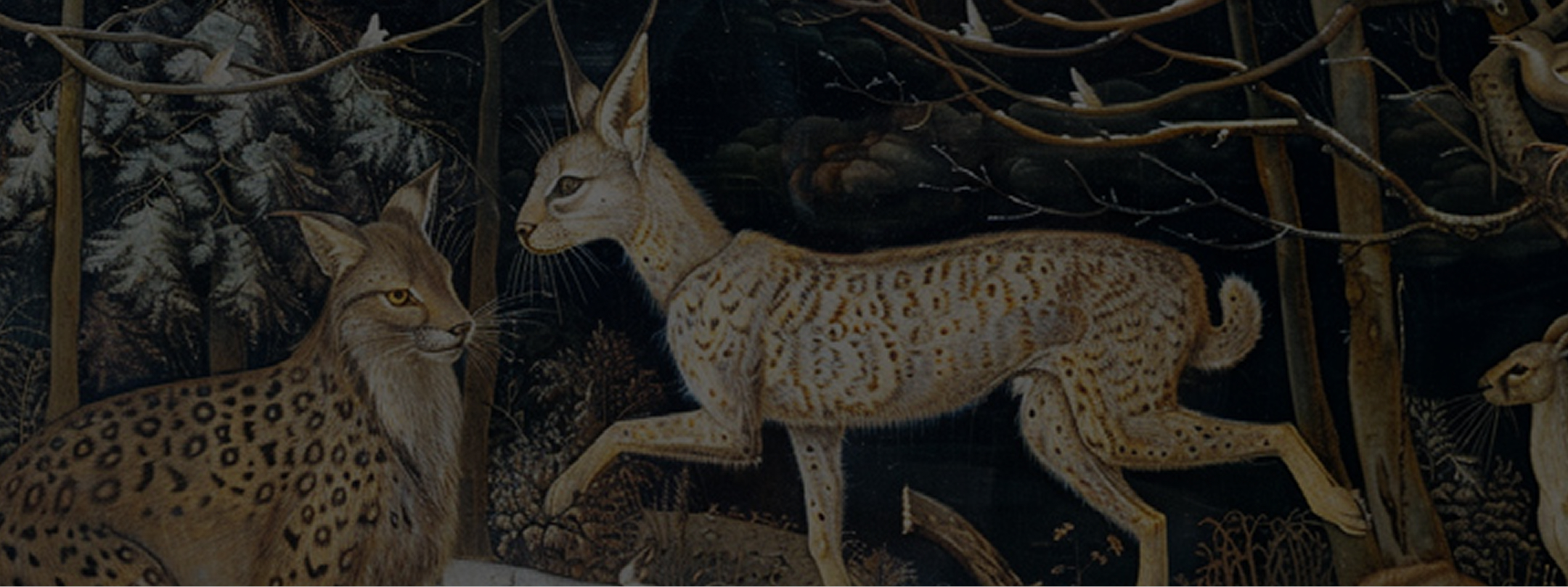Painting of a spotted wildcat with large ears walking in a dark, wooded area.