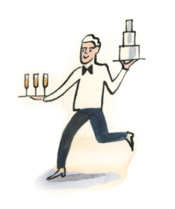 A waiter in a bowtie carries a tray of champagne glasses and a tiered cake.